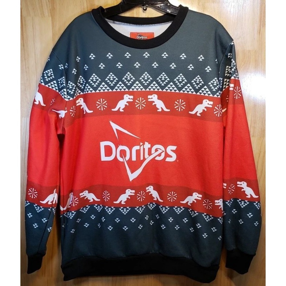 Doritos Ugly Christmas Sweater Mens‎ XL Red Black Dinosaur Fair Isle Sweatshirt